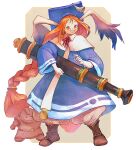  1girl :3 animal_ears book braid breath_of_fire breath_of_fire_iii capelet closed_mouth full_body glasses gloves hair_tie head_wings holding holding_book honey_(breath_of_fire) long_hair looking_at_viewer momo_(breath_of_fire) orange_hair parted_bangs rabbit_ears red_eyes robe simple_background smile solo very_long_hair wings yuza 