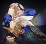  1boy androgynous ask_(askzy) black_background blonde_hair blue_butterfly blue_eyes brown_butterfly bug butterfly butterfly_wings crown dark_background dragonfly dragonfly_wings fate/grand_order fate_(series) grey_hair hair_between_eyes insect_wings looking_at_viewer looking_to_the_side male_focus moth nude oberon_(fate) oversized_insect profile solo upper_body wings 