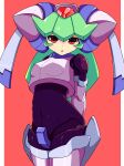  1girl android arms_behind_back breasts commentary_request cropped_jacket green_hair helmet highres kurokimono001 long_hair looking_at_viewer mega_man_(series) mega_man_zx pandora_(mega_man) red_eyes skin_tight solo 