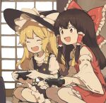  2girls asakura_maru ascot bare_shoulders black_dress black_headwear bow braid brown_hair controller detached_sleeves dress frilled_skirt frills game_controller greyscale hair_bow hair_tubes hakurei_reimu hat hat_bow holding holding_controller holding_game_controller japanese_clothes kirisame_marisa long_hair monochrome multiple_girls nontraditional_miko playing_games red_bow red_dress red_eyes ribbon-trimmed_sleeves ribbon_trim shirt short_sleeves sidelocks single_braid skirt touhou vest white_bow white_shirt white_sleeves wide_sleeves witch_hat 
