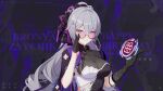  1girl arm_strap black_gloves breasts bronya_zaychik bronya_zaychik_(silverwing:_n-ex) character_name chinese_commentary closed_mouth drill_hair elbow_gloves english_text gloves grey_eyes hair_between_eyes happy_birthday highres honkai_(series) honkai_impact_3rd large_breasts long_hair looking_at_viewer official_alternate_costume official_art official_wallpaper open_hand round_eyewear smile solo upper_body 