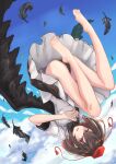  1girl ass barefoot bird_wings black_feathers black_hair black_panties black_skirt black_wings blue_sky cloud commentary feathers full_body hat highres looking_at_viewer open_mouth outdoors panties red_eyes red_headwear ribbon-trimmed_skirt ribbon_trim shameimaru_aya shirt short_hair short_sleeves skirt sky solo tokin_hat touhou underwear upside-down white_shirt wings yuuka_(a0240765) 