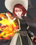  1girl diagonal_bangs fire fire_emblem fire_emblem_awakening hair_tubes hat karinosuke looking_at_viewer magic miriel_(fire_emblem) open_mouth red_eyes red_hair solo witch_hat 