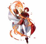  1boy azelle_(fire_emblem) book boots brown_footwear cape clenched_hand coat fire fire_emblem fire_emblem:_genealogy_of_the_holy_war fire_emblem_heroes holding holding_book official_art open_mouth pants red_cape red_coat red_eyes red_hair tobi_(kotetsu) white_pants 