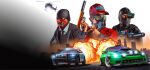  3boys aircraft baseball_cap black_gloves black_jacket black_mask car cityscape explosion gas_mask gloves goggles grand_theft_auto grand_theft_auto_v gun hat helicopter highres holding holding_gun holding_weapon jacket mask motor_vehicle multiple_boys official_art oni_mask police_car red_headwear red_jacket searchlight upper_body weapon weapon_request 