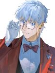  1boy 94_cl adjusting_eyewear badge bat_brooch blazer blue_eyes bow bowtie cross dress_shirt earrings eyewear_strap formal glasses gloves hair_between_eyes highres jacket jewelry kyuuketsuki_sugu_shinu male_focus nervous_smile red_bow red_bowtie red_jacket ronaldo_(kyuuketsuki_sugu_shinu) semi-rimless_eyewear shirt short_hair smile stud_earrings sweatdrop waistcoat white_background white_gloves white_hair white_shirt 