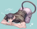 1boy animal_ears aqua_background bara black_hair cat_boy cat_ears cat_tail closed_eyes closed_mouth fushiguro_touji highres jujutsu_kaisen large_pectorals male_focus muscular muscular_male pants papagro12 pectorals scar scar_on_face scar_on_mouth short_hair simple_background sleeping solo tail translation_request white_pants 