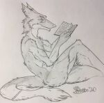  2020 anthro book chest_tuft ear_piercing ear_ring eye_scar facial_scar fur holding_book holding_object male marcushunter mouth_closed narrowed_eyes nude piercing reading reading_book ring_piercing scar seiji_(seiji_the_sergal) sergal side_view signature sitting smile solo tail tail_tuft tuft 