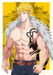  1boy abs absurdres artist_name bara belt biceps blonde_hair blue_eyes fairy_tail highres jacket kiazu114 large_pectorals laxus_dreyar looking_at_viewer male_focus manly mature_male muscular muscular_male nipples no_shirt open_clothes open_jacket pants pectorals scar signature smile solo spiked_hair tattoo thick_arms thick_eyebrows yellow_background 