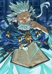  1boy beard book cloak commentary_request facial_hair fate/grand_order fate_(series) flower happy_aura highres holding holding_book library looking_up male_focus mimino_mimizu9 no_eyebrows old old_man one_eye_closed open_book ptolemy_(fate) shelf stroking_beard wrinkled_skin 