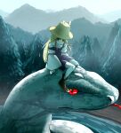  1girl alinoce716 animal blonde_hair copyright_request giant_snake hat highres long_hair moriya_suwako mountain mountainous_horizon oversized_animal purple_vest shirt snake touhou vest white_shirt wide_sleeves 