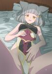  1girl animal_ear_fluff animal_ears bed breasts cat_ears cat_girl grey_hair indoors kageyasu looking_at_viewer lying nia_(xenoblade) on_back on_bed one-piece_swimsuit open_mouth pillow shadow short_hair solo spread_legs swimsuit xenoblade_chronicles_(series) xenoblade_chronicles_2 yellow_eyes 