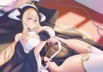  1girl azur_lane black_gloves blonde_hair breasts chain cleavage covered_navel fake_horns gloves gold_trim habit hair_between_eyes half_gloves highres horns implacable_(azur_lane) indoors interlocked_fingers kaidou_nora- large_breasts long_bangs long_hair lying nun on_back pelvic_curtain red_eyes revealing_clothes see-through solo thighhighs veil very_long_hair white_horns white_thighhighs 