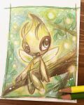  1other antennae blue_eyes border celebi colored_pencil_(medium) colored_skin commentary_request fairy_wings full_body green_background green_skin green_theme happy highres in_tree legs_together light_particles looking_to_the_side multicolored_skin open_mouth other_focus outdoors partial_commentary pencil photo_(medium) pokemon pokemon_(creature) sitting sketch smile solo tensaitou_tou traditional_media tree two-tone_skin white_wings wings 