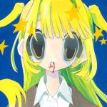  1girl blonde_hair blood blue_background brown_cardigan cardigan collared_shirt cropped floating_hair hair_intakes long_hair looking_at_viewer momose_kikuka nosebleed original painting_(medium) parted_lips portrait seeing_stars shirt simple_background single_tear solo star_(symbol) straight-on traditional_media two_side_up white_shirt 