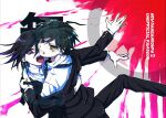  2boys 6ga_(oisiisaikou) ahoge alternate_costume ass black_hair black_jacket black_pants blood brown_eyes clenched_teeth collared_shirt copyright_name danganronpa_(series) danganronpa_v3:_killing_harmony english_text highres jacket long_sleeves looking_at_viewer multiple_boys necktie off_shoulder oma_kokichi pale_skin pants pink_blood purple_eyes saihara_shuichi shirt short_hair striped_necktie teeth tongue tongue_out white_shirt 