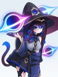  1girl bare_shoulders black_bow black_eyes black_headwear black_hole black_skirt black_tunic blue_bow blue_bowtie blue_hair blue_jacket blue_pupils blue_robe bow bowtie breasts cat_tail dress grey_dress hair_between_eyes hair_over_one_eye hat highres hood jacket large_breasts large_hat leaning_forward looking_at_viewer magic medium_hair multicolored_hair off_shoulder original pantyhose purple_hair robe skirt solo squeaky_(artist) staring streaked_hair tail torn_clothes torn_pantyhose tunic white_background witch witch_hat 