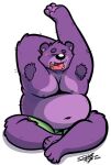  2023 anthro bear belly big_belly black_nose blush bottomwear clothing eyes_closed hi_res jakegr male mammal moobs navel nipples overweight overweight_male purple_body shorts simple_background sitting solo stretching 