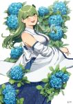  1girl blue_skirt breasts cowboy_shot detached_sleeves flower frog frog_hair_ornament green_eyes green_hair hair_ornament hair_tubes highres kochiya_sanae large_breasts long_hair looking_at_viewer nontraditional_miko open_mouth shirt signature single_hair_tube skirt smile snake snake_hair_ornament solo tebukuro_withana touhou white_background 