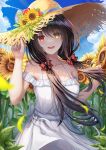  1girl absurdres arus bare_shoulders black_hair blue_sky bow clock_eyes cloud collarbone date_a_live day derivative_work dress field floating_hair flower flower_field hair_bow hand_on_headwear hands_up hat hat_flower heterochromia highres long_hair looking_at_viewer low_twintails open_mouth outdoors red_bow red_eyes sky sleeveless smile solo straw_hat sun_hat sundress sunflower symbol-shaped_pupils tokisaki_kurumi twintails upper_body white_dress wind yellow_eyes yellow_flower 