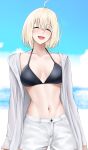  1girl :d ^_^ ahoge azur_lane bataan_(azur_lane) bikini black_bikini blonde_hair blue_sky character_request closed_eyes commentary_request cowboy_shot day facing_viewer highres jacket jakqbigone long_sleeves navel open_clothes open_jacket open_mouth outdoors short_hair shorts sky smile solo standing stomach swimsuit white_jacket white_shorts 