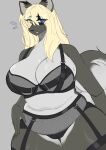  absurd_res anthro big_breasts black_clothing black_lingerie blonde_hair blue_eyes bodily_fluids breasts canid canine clothing embarrassed female fishnet hair hi_res huge_breasts iwaiz legwear lingerie long_hair mammal nervous slightly_chubby solo straps sweat thick_thighs thigh_highs wide_hips 