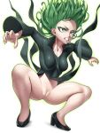  1girl anger_vein angry anus arms_up aura black_dress breasts censored clenched_teeth curly_hair dress fighting_stance glowing green_eyes grey_hair high_heels long_sleeves mosaic_censoring navel no_panties one-punch_man pussy short_hair side_slit simple_background skylock small_breasts solo squatting tatsumaki teeth white_background 