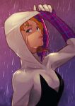  1girl blonde_hair blue_eyes bodysuit breasts commentary_request crying crying_with_eyes_open eyebrow_piercing gwen_stacy highres hood hooded_bodysuit looking_at_viewer marvel outdoors piercing print_bodysuit rain short_hair sidecut signature solo spider-gwen spider-man:_across_the_spider-verse spider-man:_into_the_spider-verse spider-man_(series) spider_web_print streaming_tears superhero tears upper_body yuenibushi 