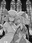  2girls back_bow bat_wings bow brooch closed_mouth collared_shirt cowboy_shot flandre_scarlet frilled_shirt frilled_shirt_collar frilled_sleeves frills greyscale hair_between_eyes hat highres impossible_clothes indoors jewelry looking_at_another medium_hair mob_cap monochrome multiple_girls puffy_short_sleeves puffy_sleeves remilia_scarlet shirt short_sleeves skirt sleeve_ribbon stained_glass sunatoshi touhou vest wings 
