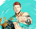  1boy ancient_greek_clothes bara burn_scar holding holding_vase itto_(mentaiko) large_pectorals laurel_crown live_a_hero male_focus muscular muscular_male official_alternate_costume open_mouth pectorals rakta_(live_a_hero) red_hair scar scar_on_face scar_on_forehead short_hair smile solo upper_body vase water 