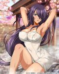 1girl 2019 antenna_hair armpits arms_behind_head arms_up blue_eyes breasts cleavage collarbone day floating_hair flower hair_over_one_eye ikkitousen kan&#039;u_unchou large_breasts long_hair looking_at_viewer naked_towel official_art onsen open_mouth outdoors pink_flower purple_hair shiny_skin sitting solo steam towel very_long_hair 