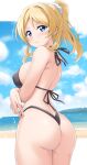  1girl absurdres ass ayase_eli beach bikini black_bikini blonde_hair blue_eyes blue_sky breasts cloud commentary_request cowboy_shot crossed_arms day from_behind hair_ornament hair_scrunchie halterneck highleg highleg_bikini highres horizon kirisaki_reina large_breasts long_hair looking_at_viewer looking_back love_live! ocean one_side_up outdoors ponytail scrunchie sky solo string_bikini swimsuit 