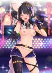  1girl armlet ass_visible_through_thighs belt black_gloves black_hair blush bow bowtie bracelet breastless_clothes breasts cleft_of_venus commission crotchless crown exhibitionism gloves grey_eyes hair_bow idolmaster idolmaster_shiny_colors jewelry kazano_hiori looking_at_viewer medium_breasts microphone mini_crown mole mole_under_mouth navel nipples one_eye_closed open_mouth ppshex public_indecency pussy reaching_towards_viewer revealing_clothes screen showgirl_skirt shrug_(clothing) solo stage teeth thighlet 