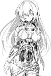  1girl android belt breasts cable cowboy_shot greyscale hairband highres long_hair looking_at_viewer mechanical_arms mechanical_parts medium_breasts megurine_luka monochrome mutomorokoshi sketch solo vocaloid 