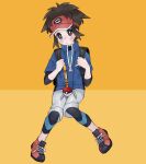  1boy backpack bag black_bag black_bodysuit blue_jacket blush bodysuit bodysuit_under_clothes bright_pupils brown_eyes brown_hair capri_pants closed_mouth commentary_request flute full_body grey_pants highres holding_strap instrument jacket male_focus nate_(pokemon) orange_background pants poke_ball_print pokemon pokemon_(game) pokemon_bw2 red_footwear red_headwear sana_(37pisana) shoes short_hair sneakers solo visor_cap wetsuit white_pupils zipper_pull_tab 