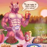  1:1 2023 abs anthro antlers artist_name balls barbecue biceps big_penis capreoline colored cooking_tongs deer dialogue digital_drawing_(artwork) digital_media_(artwork) english_text food foreskin fur genitals glans grass grill hair hair_over_eyes half-erect hi_res holding_object horn humanoid_genitalia humanoid_penis kitchen_utensils male mammal muscular muscular_anthro muscular_male nipples nude onomatopoeia open_mouth outside pecs penis picnic plant reindeer ryker_(shonarts) shaded shon_arts signature simple_background sky smile solo sound_effects speech_bubble standing teeth text tongs tongue tools vein veiny_penis 