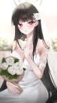  1girl :o absurdres alternate_costume black_hair blue_archive blurry blurry_background blush bouquet braid breasts bridal_veil bright_pupils cleavage dress educk flower hair_flower hair_ornament halo highres holding holding_bouquet large_breasts long_hair looking_at_viewer red_eyes rio_(blue_archive) solo veil very_long_hair wedding_dress white_dress 