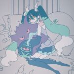  1girl bare_shoulders blue_hair blue_sleeves blue_thighhighs closed_mouth commentary_request detached_arm detached_sleeves full_body ghost_miku_(project_voltage) glitch grey_background grey_shirt hair_between_eyes hatsune_miku haunter highres hug indoors long_hair misdreavus pale_skin pillow pokemon print_sleeves project_voltage see-through see-through_skirt shirt skirt sleeveless sleeveless_shirt sleeves_past_fingers sleeves_past_wrists solo stuffed_toy thighhighs twintails twitter_username very_long_hair vocaloid white_hair yellow_eyes yonoko_k 