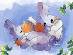  :o animal_focus artist_name blue_background blue_skin closed_eyes colored_skin commentary_request drooling fins hanabusaoekaki head_fins highres leaf mudkip no_humans pokemon pokemon_(creature) sleeping solid_oval_eyes tail 