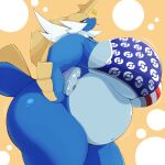  2023 absurd_res anthro belly big_belly big_breasts big_butt bikini blue_body blush breasts butt clothed clothing cute_fangs digital_media_(artwork) emanata female female_anthro generation_5_pokemon hi_res huge_breasts huge_butt kemono looking_at_viewer mokeee57 navel nintendo obese obese_anthro obese_female overweight overweight_anthro overweight_female pokemon pokemon_(species) samurott smug solo swimwear tail thick_thighs under_boob wide_hips 