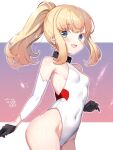  1girl alice_gear_aegis black_gloves blonde_hair blue_eyes commentary_request covered_navel detached_sleeves gloves highleg highleg_leotard highres kakerayuri leotard long_hair noelle_francesca ponytail sidelocks solo white_leotard 