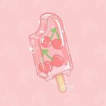  animal_crossing artist_name cherry commentary dripping english_commentary food food_focus fruit jasmine_(atrela.designs) leaf leaf_background no_humans patterned_background pink_background popsicle popsicle_stick sparkle still_life watermark 