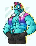  abs animate_inanimate anthro big_pecs black_bottomwear black_clothing black_pants blue_body blue_fur bottomwear camelid clothed clothing ears_up epic_games fortnite fur gloves hair handwear hi_res horn its_coldpizza living_pinata llama llambro looking_down male mammal mohawk mouth_closed multicolored_hair muscular navel pants pecs pinata rainbow_hair shirtless shirtless_male solo surprised_expression topless topless_male topwear unicorn_horn unzipped vest wool_(fur) zipper 