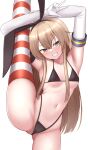  1girl absurdres black_bra black_panties blonde_hair blush bra collarbone elbow_gloves gloves grin hair_between_eyes highleg highleg_panties highres kantai_collection long_hair navel panties shimakaze_(kancolle) simple_background smile solo split standing standing_on_one_leg standing_split striped striped_thighhighs thighhighs tiemu_(man190) underwear white_background white_gloves yellow_eyes 