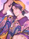  1boy blurry brown_eyes buttons closed_mouth collared_shirt copyright_request depth_of_field gradient_background hand_in_own_hair heart heart_background jnkku male_focus medium_hair purple_background purple_hair reaching reaching_towards_viewer shirt solo upper_body yellow_headwear 