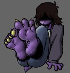  4_toes bodily_fluids clothing deltarune feet female foot_fetish foot_focus hair hair_over_eye hi_res humanoid_feet one_eye_obstructed plantigrade reptile scalie smile solo susie_(deltarune) sweat tail toes undertale_(series) 