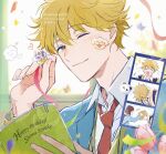  1boy :d ;) ^_^ artist_name birthday blonde_hair bloom blue_jacket blurry blurry_background blush book brown_eyes brown_hair cardigan character_name closed_eyes closed_mouth collared_shirt commentary_request confetti dated flower green_cardigan hair_between_eyes hands_up happy_birthday head_down heart holding holding_book iwakura_mitsumi jacket lapels light_particles long_sleeves looking_at_viewer male_focus necktie one_eye_closed open_book open_mouth paperclip photo_strip pink_flower red_necktie school_uniform shima_sousuke shirt short_hair skip_to_loafer smile solo star_(symbol) sticker sticker_on_face streamers tulip twitter_username upper_body white_shirt window wing_collar yamasuke040 
