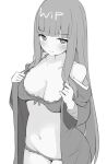  1girl bra breasts cleavage closed_mouth fern_(sousou_no_frieren) greyscale medium_breasts monochrome navel panties simple_background solo sousou_no_frieren underwear white_background xlyami 