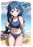  1girl absurdres alternate_costume alternate_hairstyle arm_support artist_name beach bikini blue_archive blue_bikini blue_hair breasts collarbone dated doughnut english_text feet_out_of_frame food fubuki_(blue_archive) grey_hair grin halo head_tilt highres jacket long_hair looking_at_viewer melissa_2.0 mixed-language_commentary multicolored_hair navel off_shoulder red_eyes signature sitting small_breasts smile solo speech_bubble stomach streaked_hair swimsuit white_jacket 