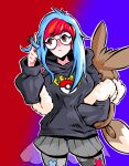 1girl aged_up backpack bag bidul_(bidul72476120) blue_background blue_hair blush breasts cowboy_shot glasses hand_in_pocket highres hood hoodie looking_to_the_side multicolored_hair nose_blush penny_(pokemon) pokemon pokemon_(game) pokemon_sv red_background red_hair round_eyewear solo two-tone_hair 